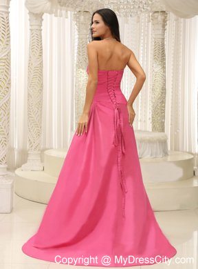 Hot Pink Sweetheart Ruching Beaded Evening Formal Gown with Brush Train