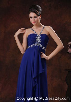 Beaded Straps V-neck Chiffon Royal Blue Evening Party Dress for Cheap