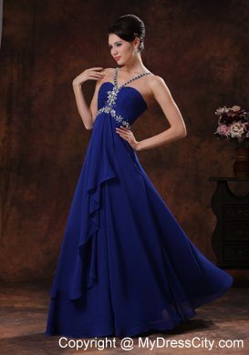 Beaded Straps V-neck Chiffon Royal Blue Evening Party Dress for Cheap