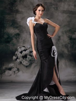 Flowers One Shoulder Ruched Black Front Short Back Long Evening Dresses