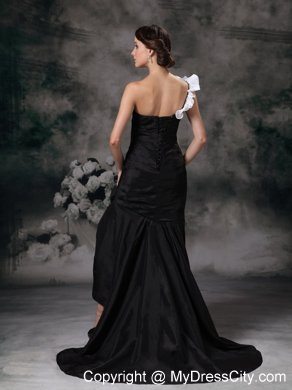 Flowers One Shoulder Ruched Black Front Short Back Long Evening Dresses