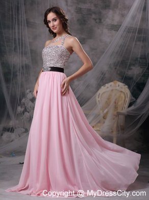 Empire Chiffon Brush Train Baby Pink Prom Evening Dresses with Cool Neckline