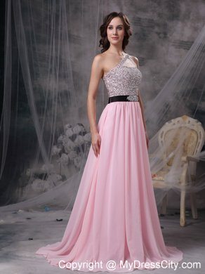 Empire Chiffon Brush Train Baby Pink Prom Evening Dresses with Cool Neckline