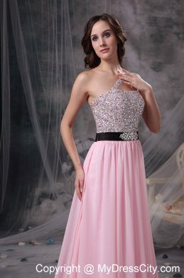 Empire Chiffon Brush Train Baby Pink Prom Evening Dresses with Cool Neckline