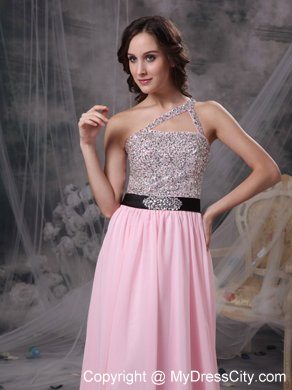 Empire Chiffon Brush Train Baby Pink Prom Evening Dresses with Cool Neckline