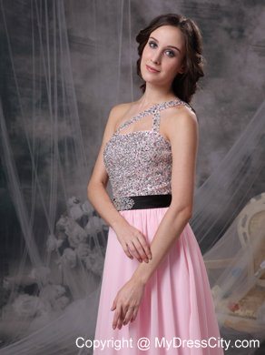 Empire Chiffon Brush Train Baby Pink Prom Evening Dresses with Cool Neckline