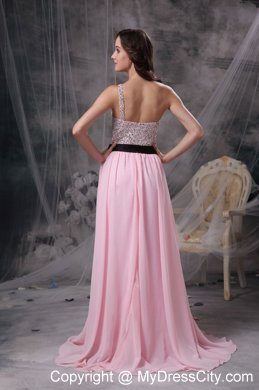 Empire Chiffon Brush Train Baby Pink Prom Evening Dresses with Cool Neckline