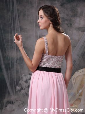 Empire Chiffon Brush Train Baby Pink Prom Evening Dresses with Cool Neckline