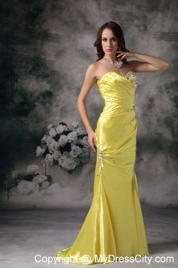 Column Sweetheart Beaded Brush Train 2013 Yellow Evening Party Dresses