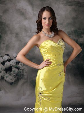 Column Sweetheart Beaded Brush Train 2013 Yellow Evening Party Dresses