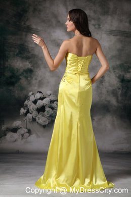 Column Sweetheart Beaded Brush Train 2013 Yellow Evening Party Dresses