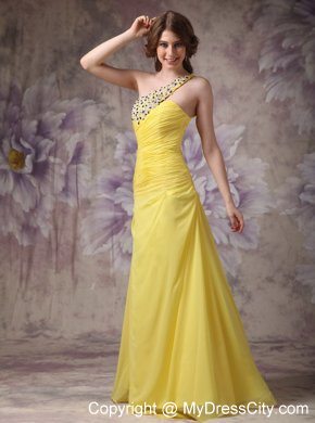 Ruching One Shoulder Appliques with Beading for Yellow Formal Evening Dress