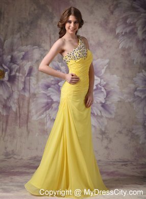 Ruching One Shoulder Appliques with Beading for Yellow Formal Evening Dress