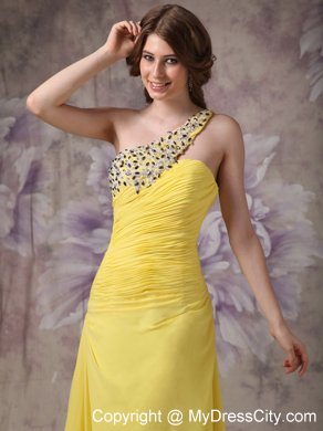 Ruching One Shoulder Appliques with Beading for Yellow Formal Evening Dress