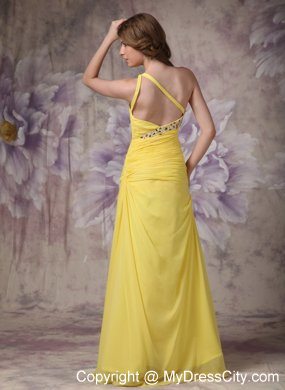 Ruching One Shoulder Appliques with Beading for Yellow Formal Evening Dress