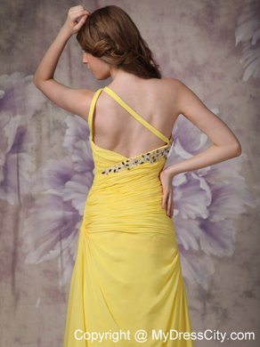 Ruching One Shoulder Appliques with Beading for Yellow Formal Evening Dress