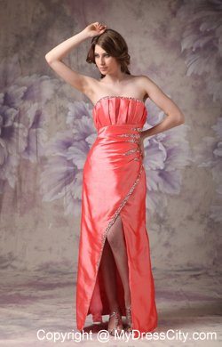 Watermelon High Slit Beaded Ruching Strapless 2013 Evening Dresses