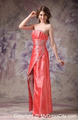 Watermelon High Slit Beaded Ruching Strapless 2013 Evening Dresses