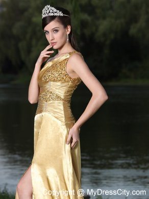 Gold High Slit Beaded One Shoulder Plus Size Prom Evening Gowns