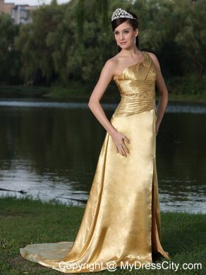 Gold High Slit Beaded One Shoulder Plus Size Prom Evening Gowns