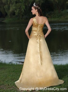 Gold High Slit Beaded One Shoulder Plus Size Prom Evening Gowns