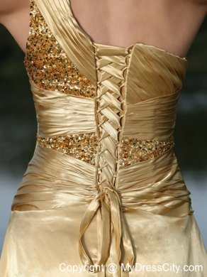 Gold High Slit Beaded One Shoulder Plus Size Prom Evening Gowns