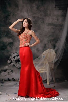 Mermaid Brush Train Straps Appliqued Pick Ups Red Prom Evening Dress