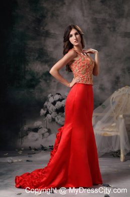 Mermaid Brush Train Straps Appliqued Pick Ups Red Prom Evening Dress