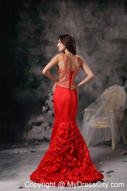 Mermaid Brush Train Straps Appliqued Pick Ups Red Prom Evening Dress