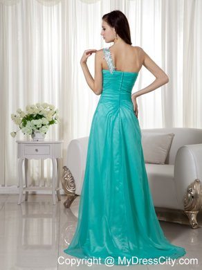 High Slit Appliques One Shoulder Ruching Turquoise Formal Evening Dress