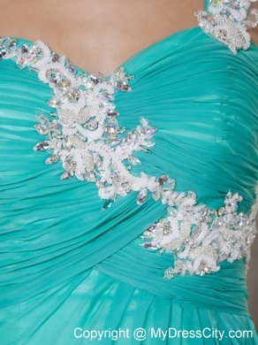 High Slit Appliques One Shoulder Ruching Turquoise Formal Evening Dress