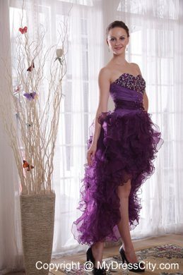 Organza Ruffles Sweetheart Beaded Purple High-low Evening Cocktail Dress