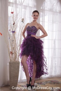 Organza Ruffles Sweetheart Beaded Purple High-low Evening Cocktail Dress