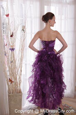 Organza Ruffles Sweetheart Beaded Purple High-low Evening Cocktail Dress