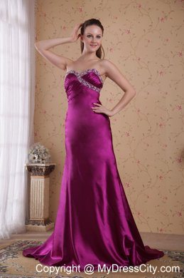 Beaded Ruching Brush Train Sweetheart Fuchsia Evening Formal Gown