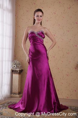 Beaded Ruching Brush Train Sweetheart Fuchsia Evening Formal Gown