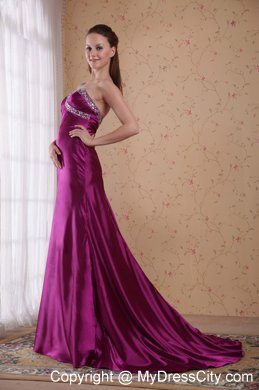 Beaded Ruching Brush Train Sweetheart Fuchsia Evening Formal Gown