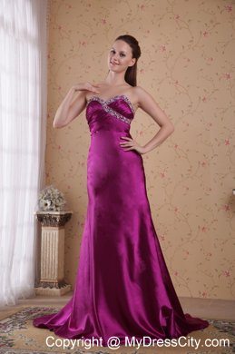 Beaded Ruching Brush Train Sweetheart Fuchsia Evening Formal Gown