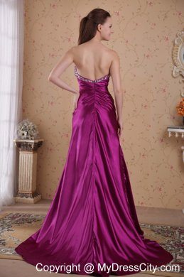 Beaded Ruching Brush Train Sweetheart Fuchsia Evening Formal Gown