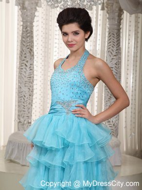 Aqua Blue Halter Beading 2013 Ruffled Layers Prom Evening Dress