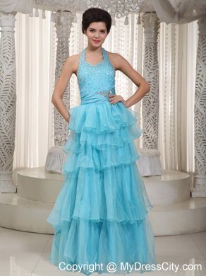 Aqua Blue Halter Beading 2013 Ruffled Layers Prom Evening Dress