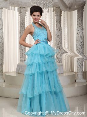 Aqua Blue Halter Beading 2013 Ruffled Layers Prom Evening Dress