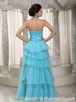 Aqua Blue Halter Beading 2013 Ruffled Layers Prom Evening Dress