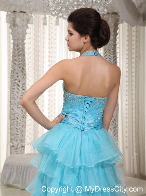 Aqua Blue Halter Beading 2013 Ruffled Layers Prom Evening Dress