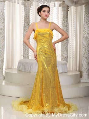 Luxurious Yellow Spaghetti Straps Evening Dress with Sequin 2013