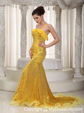 Luxurious Yellow Spaghetti Straps Evening Dress with Sequin 2013