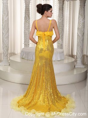 Luxurious Yellow Spaghetti Straps Evening Dress with Sequin 2013