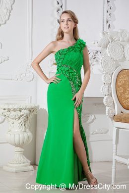 Green One Shoulder Ruches and Flowers Evening Formal Gowns 