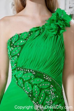 Green One Shoulder Ruches and Flowers Evening Formal Gowns 