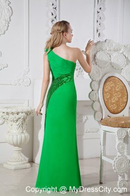 Green One Shoulder Ruches and Flowers Evening Formal Gowns 